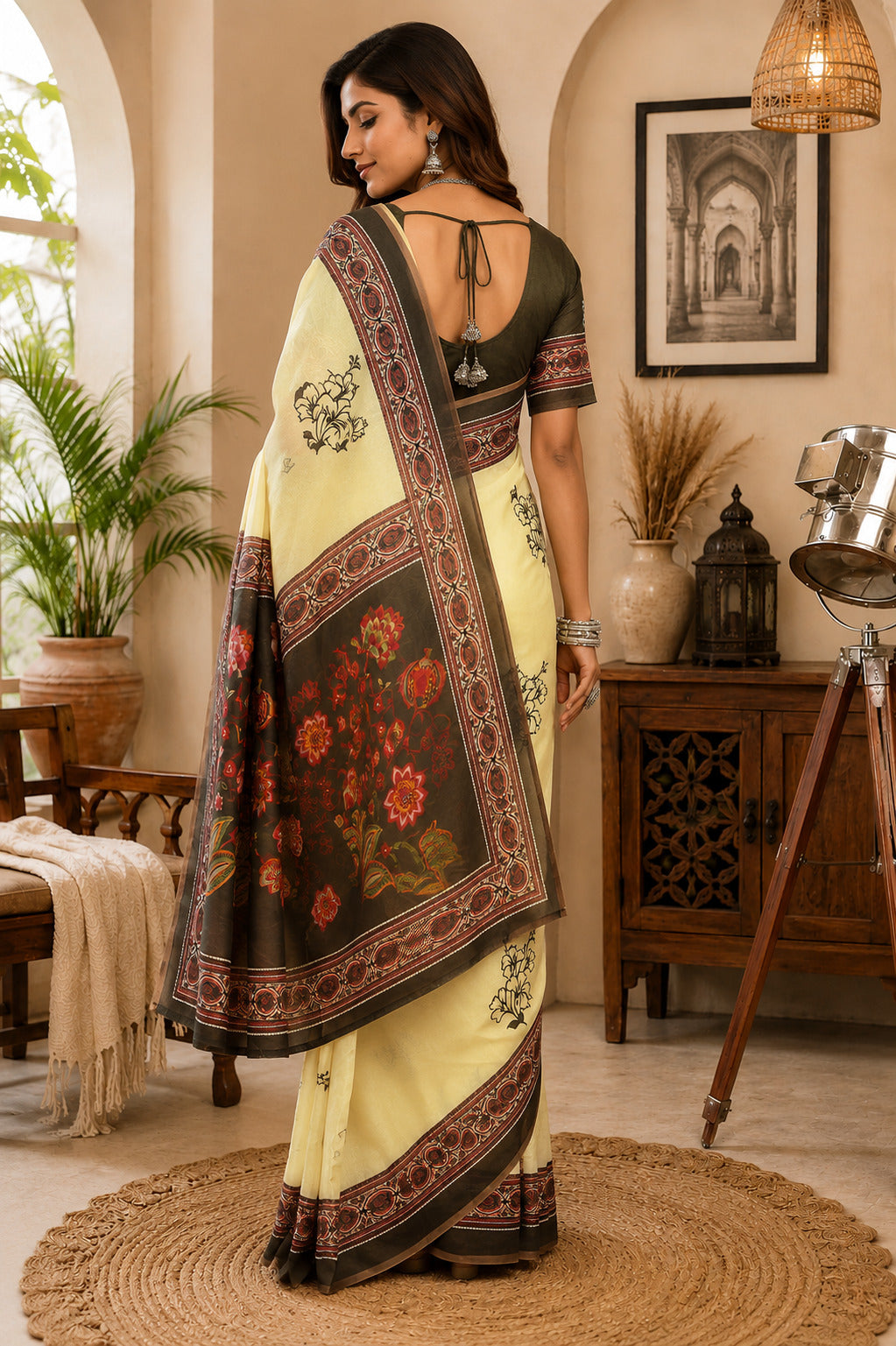 Lemon Yellow Printed Chanderi Saree with Unstitched Blouse