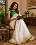 White Printed Ready-to-Wear Chanderi Cotton Saree with Blouse