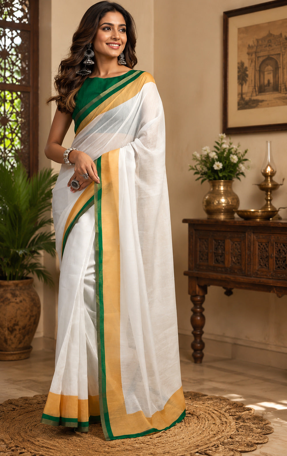 A white printed ready-to-wear Chanderi Cotton saree with an unstitched blouse piece.