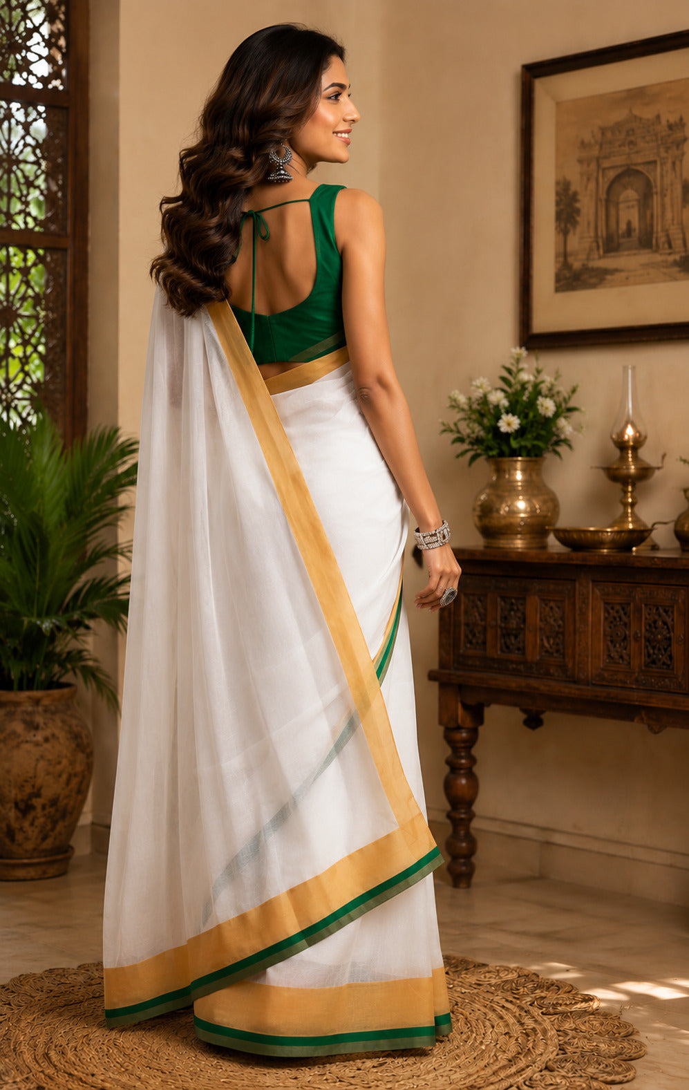 White Printed Ready-to-Wear Chanderi Cotton Saree with Blouse
