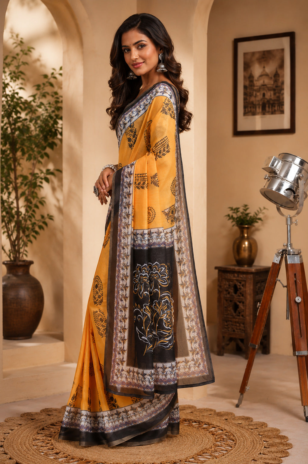Yellow Printed Chanderi Cotton Ready To Wear Saree