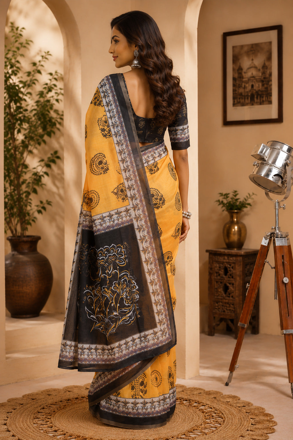 Yellow Printed Chanderi Cotton Ready To Wear Saree