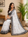 White Printed Chanderi Cotton Ready-to-Wear Saree & Blouse Piece