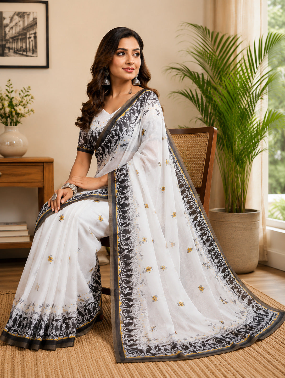 White Printed Chanderi Cotton Ready-to-Wear Saree & Blouse Piece