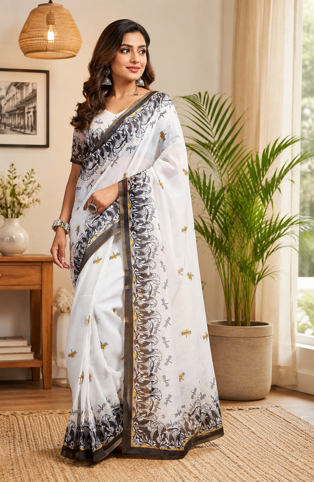 White printed Chanderi cotton ready-to-wear saree with matching blouse piece
