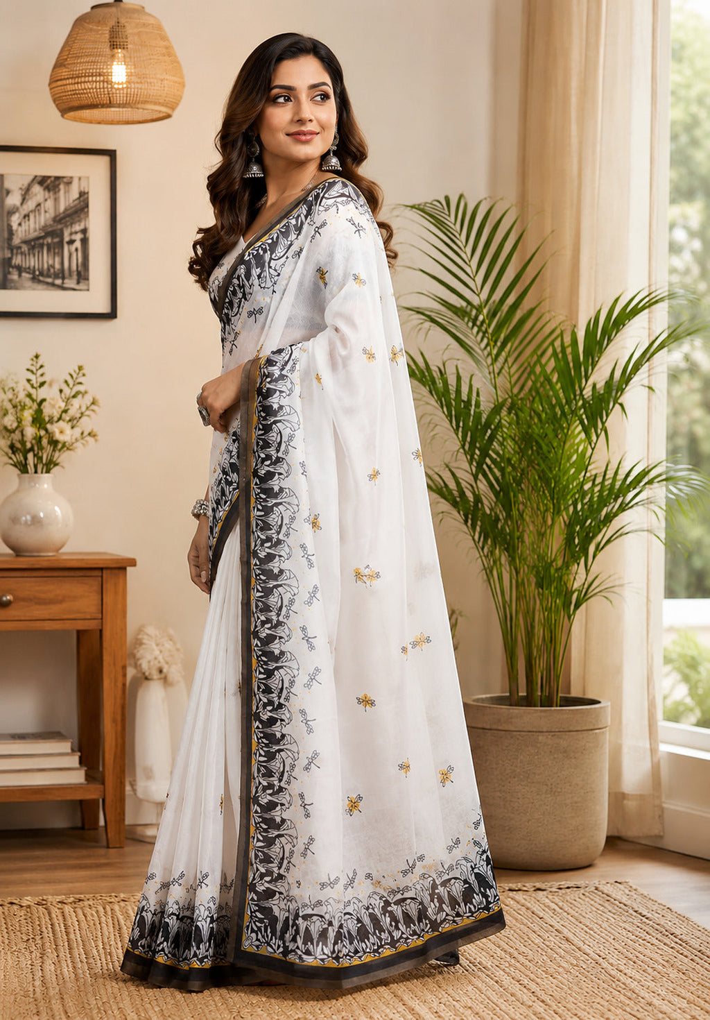 White Printed Chanderi Cotton Ready-to-Wear Saree & Blouse Piece
