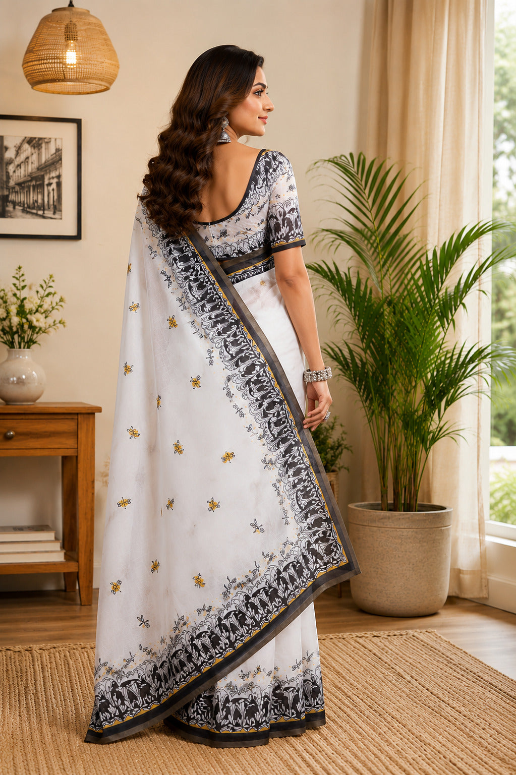 White Printed Chanderi Cotton Ready-to-Wear Saree & Blouse Piece