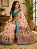 Peach Printed Ready-to-Wear Saree with Unstitched Blouse Piece