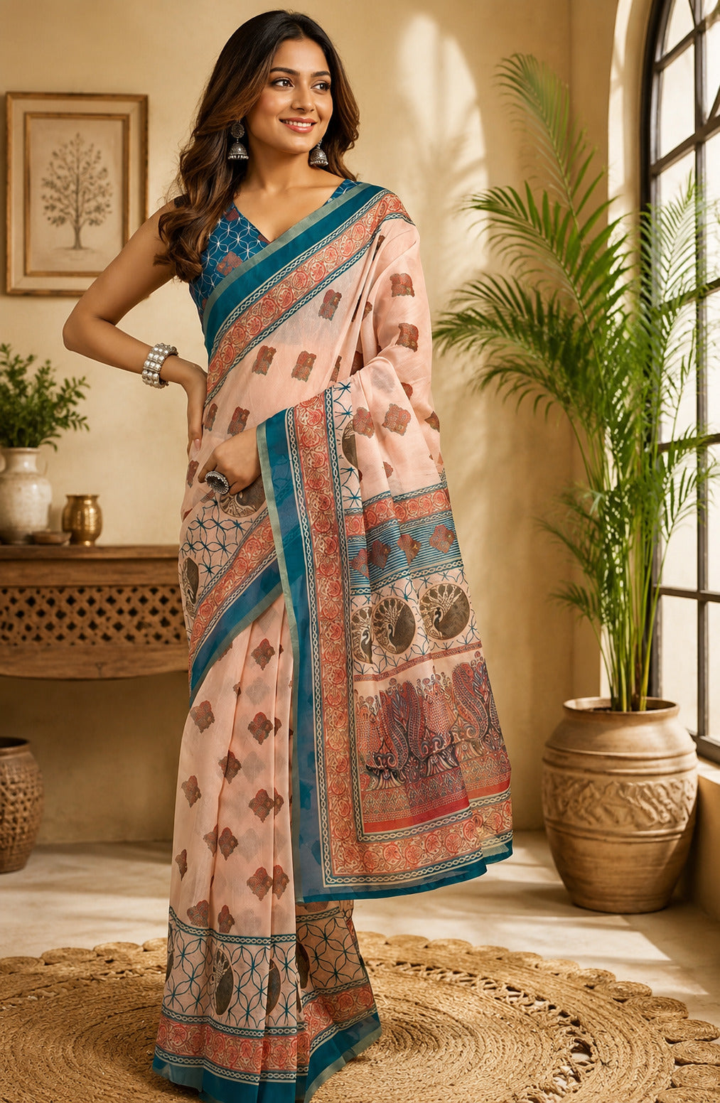 Peach printed ready-to-wear Chanderi Cotton saree with unstitched blouse piece