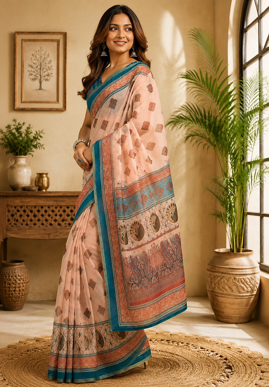 Peach Printed Ready-to-Wear Saree with Unstitched Blouse Piece