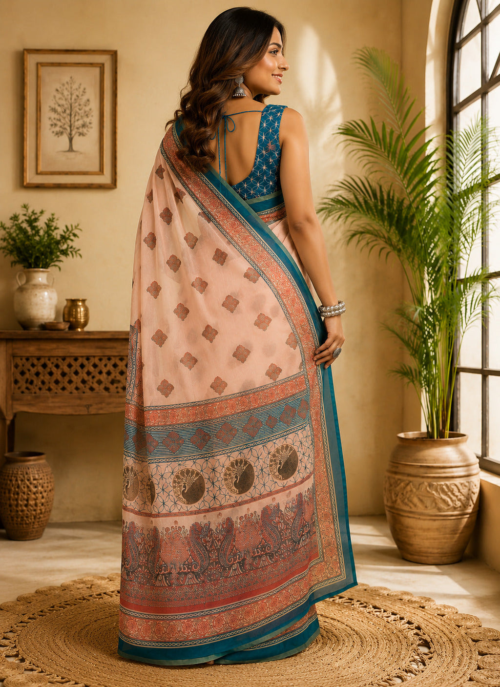 Peach Printed Ready-to-Wear Saree with Unstitched Blouse Piece