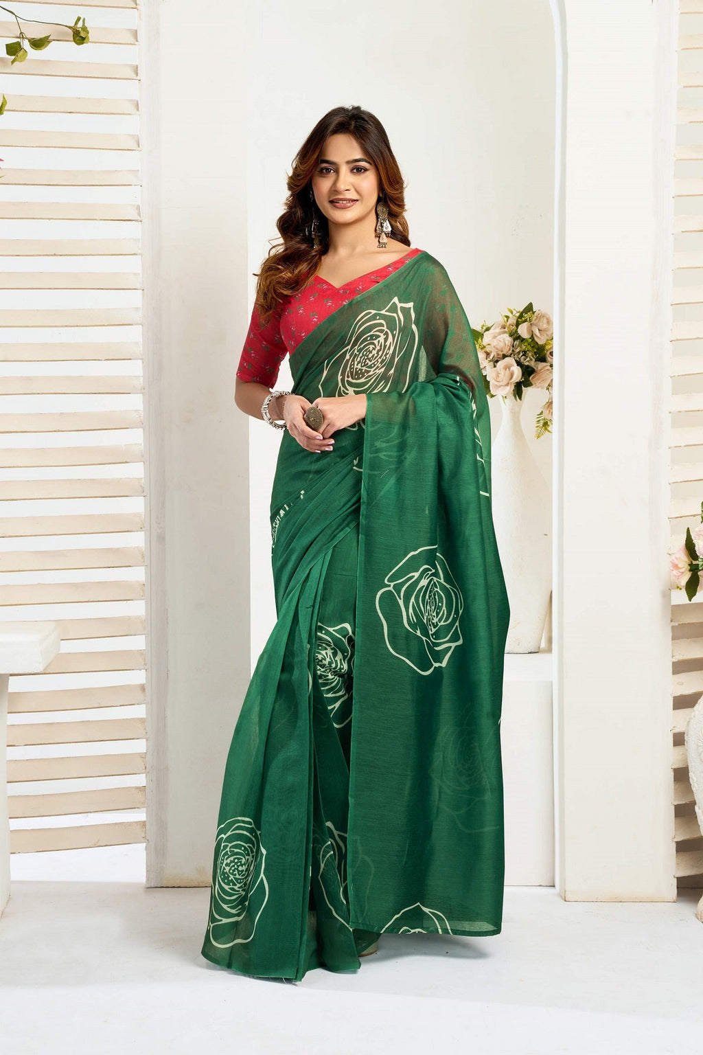 Green printed ready-to-wear linen saree with unstitched blouse