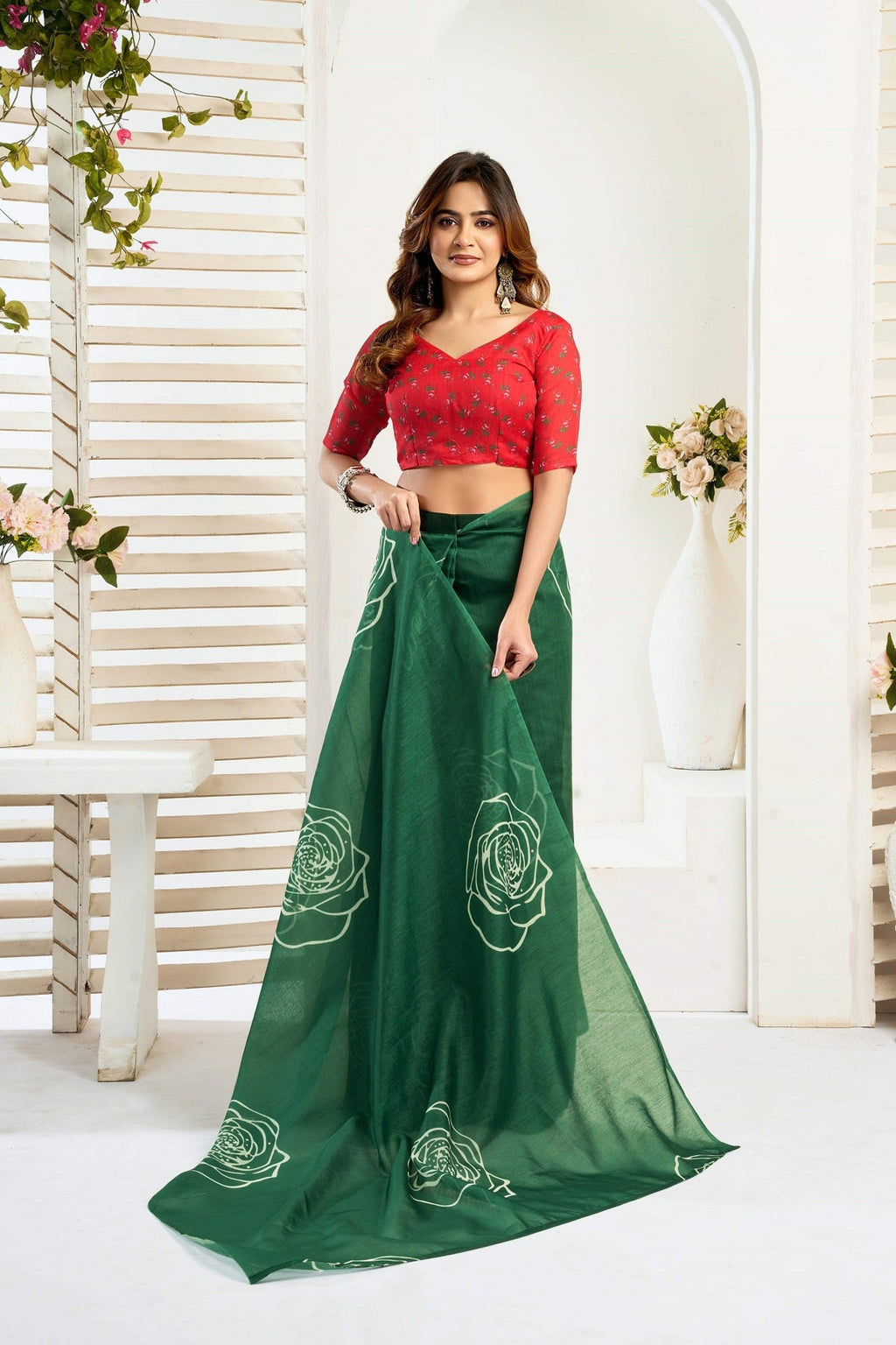 Green Printed Ready-To-Wear Linen Saree with Unstitched Blouse