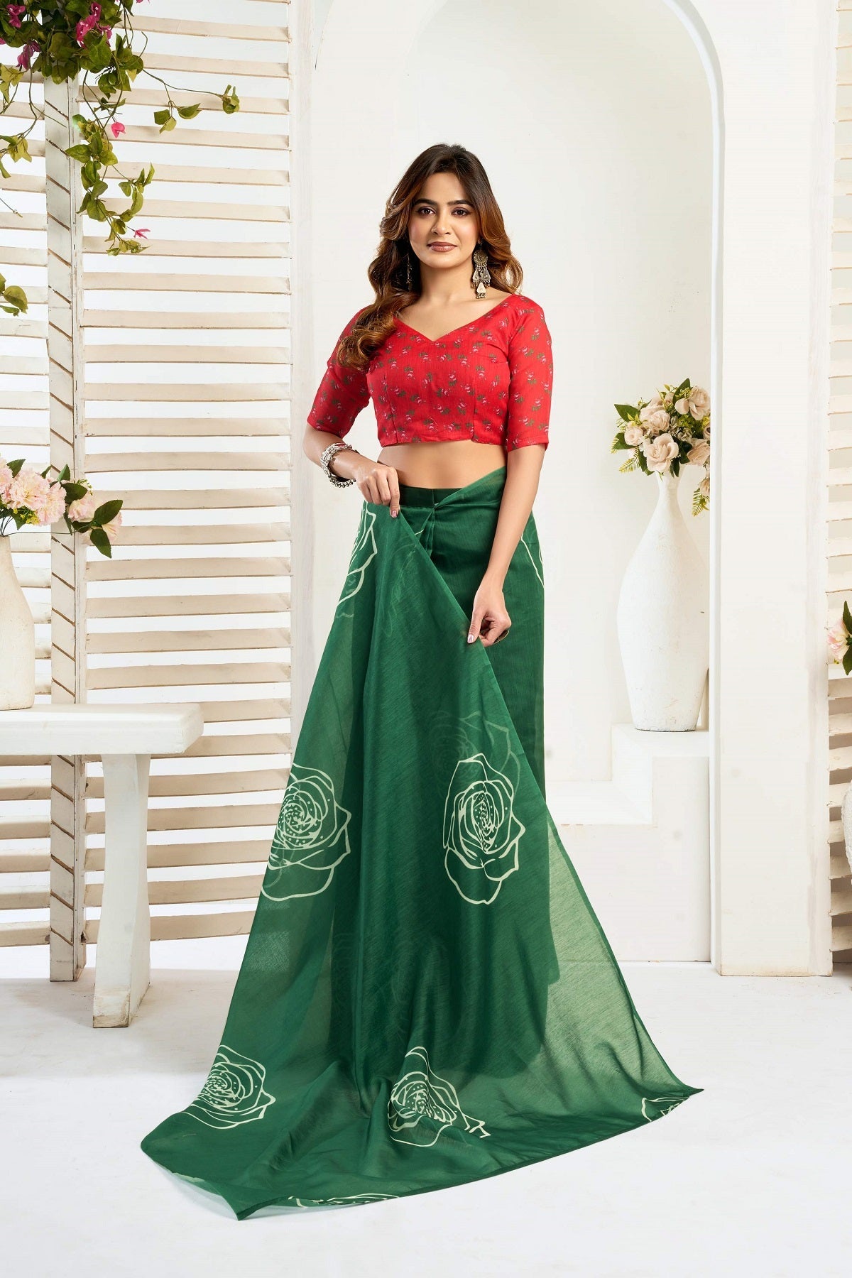 Green Printed Ready-To-Wear Linen Saree with Unstitched Blouse