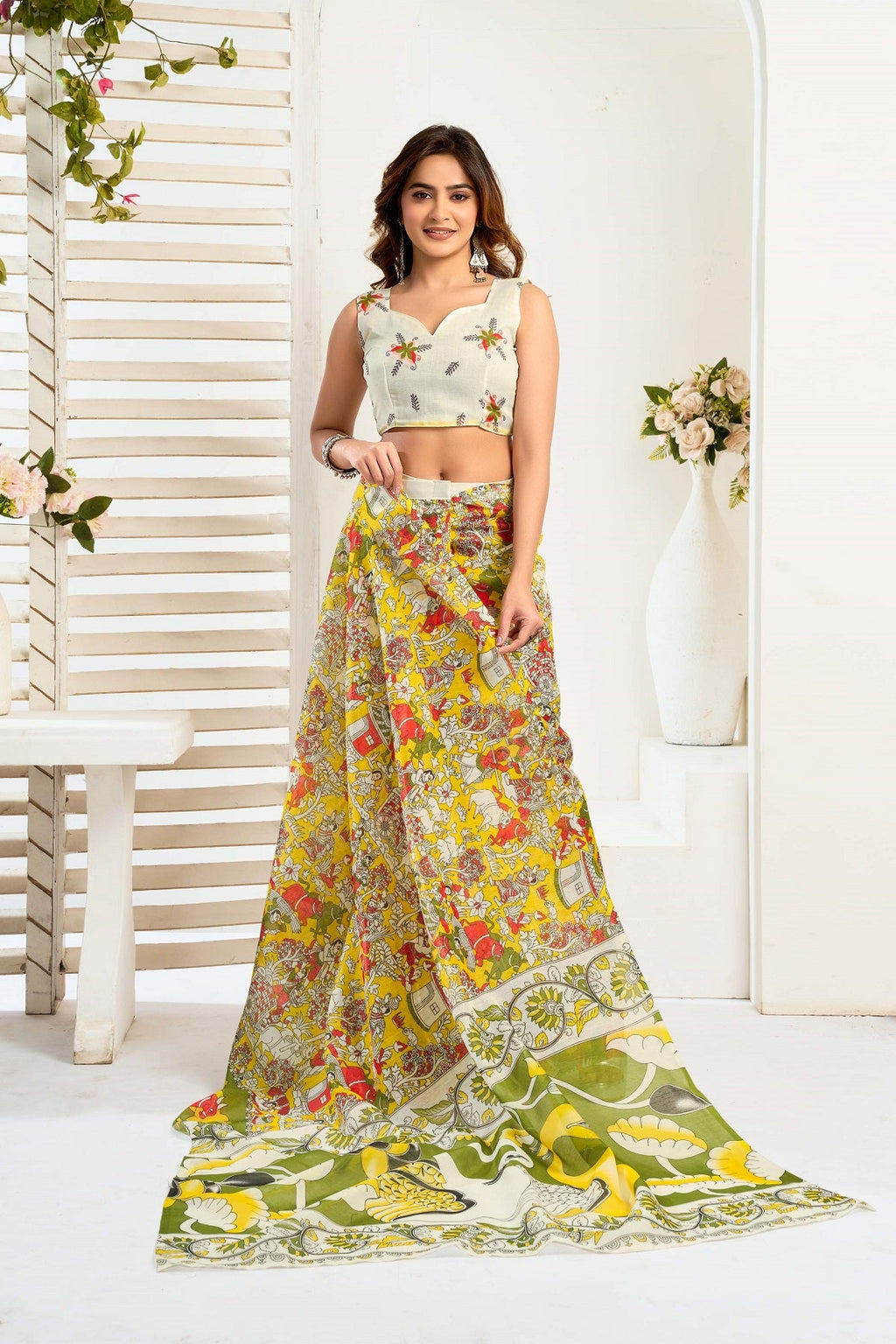 Yellow Printed Linen Ready To Wear Saree with Unstitched Blouse