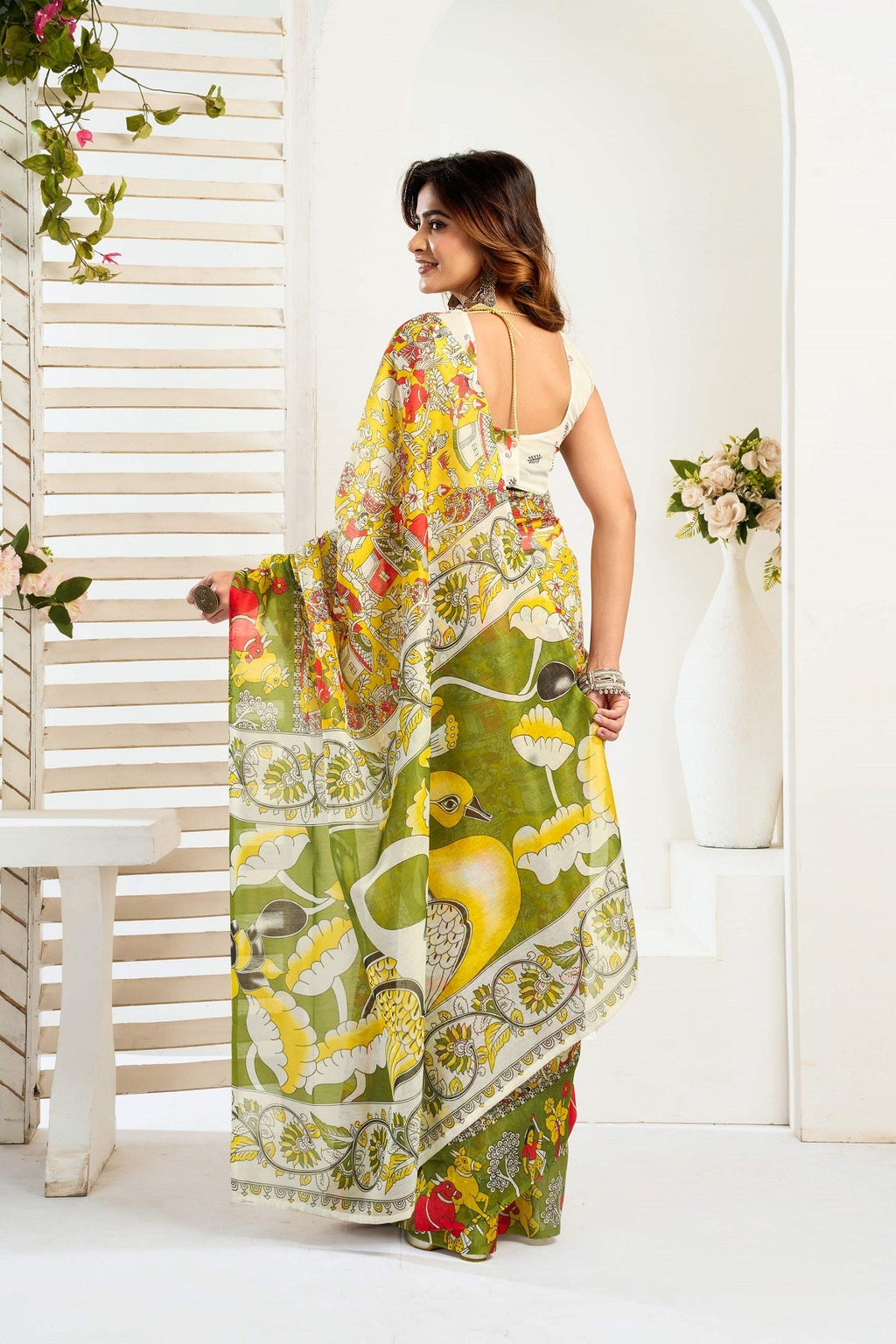 Yellow Printed Linen Ready To Wear Saree with Unstitched Blouse