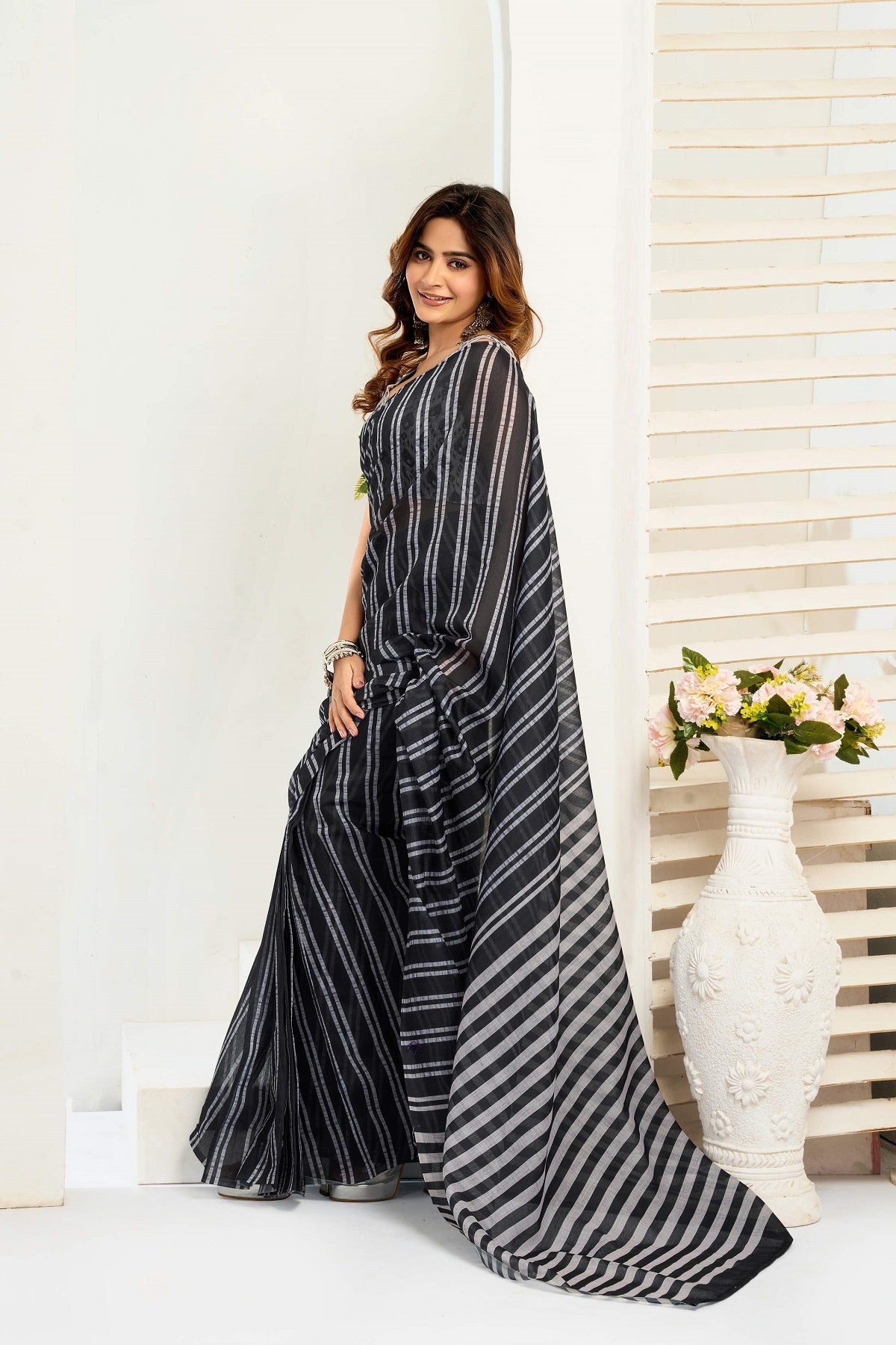 Black Printed Linen Ready to Wear Saree with Blouse Piece