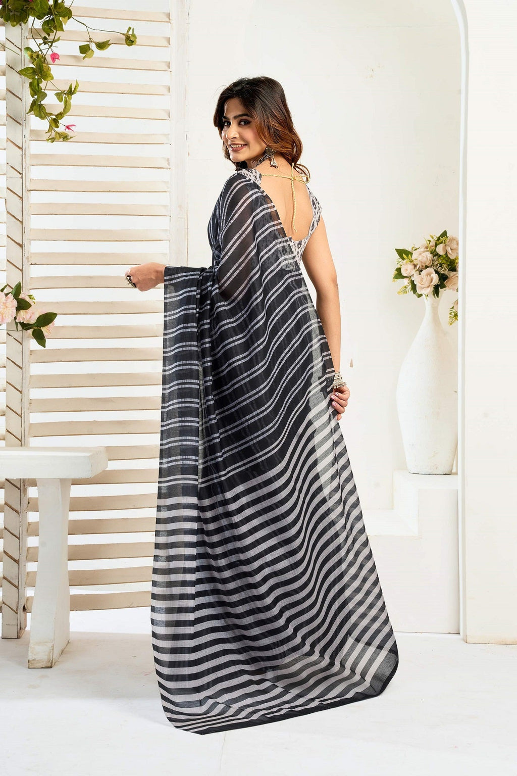 Black Printed Linen Ready to Wear Saree with Blouse Piece