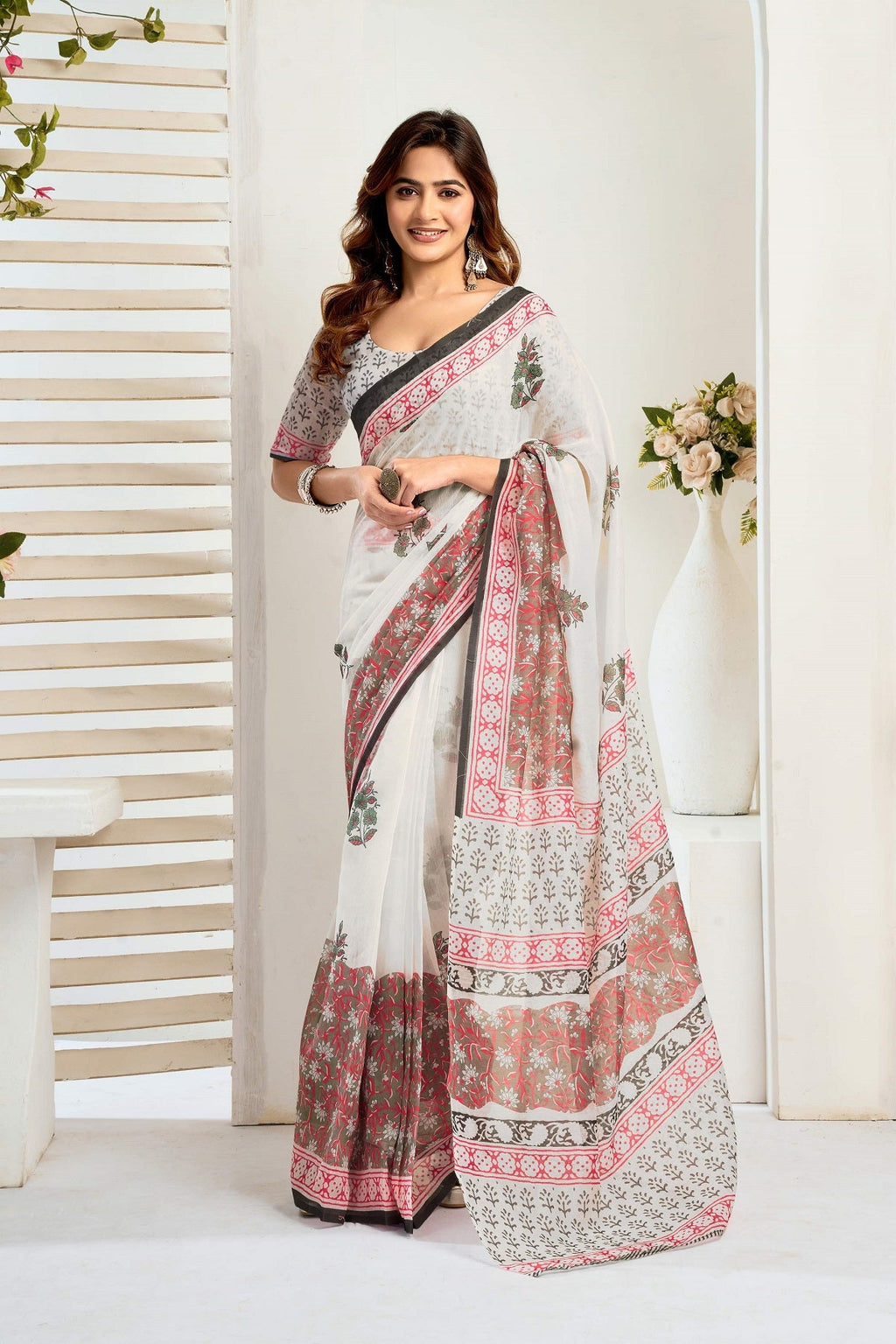 White ready to wear printed linen saree with unstitched blouse