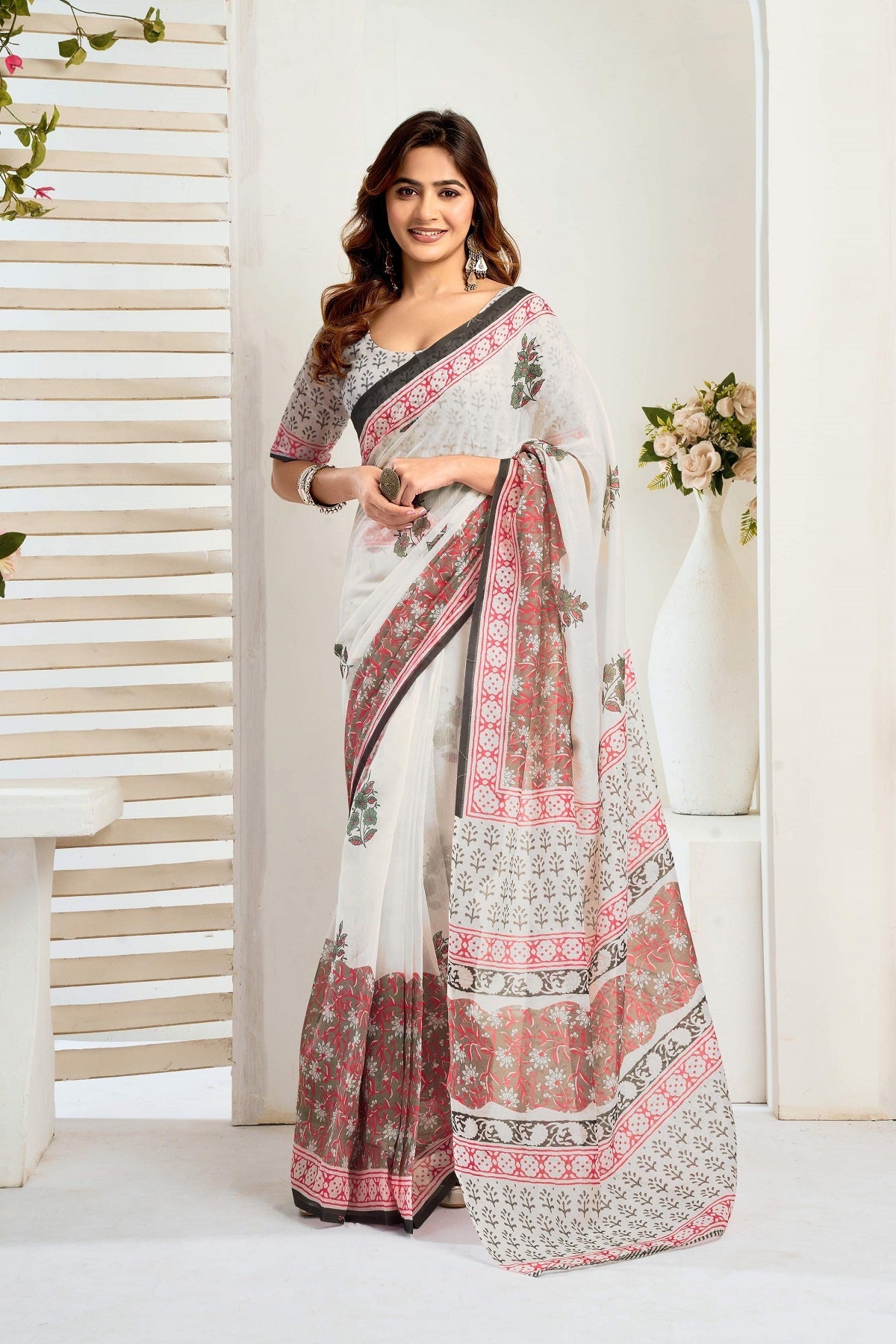 White ready to wear printed linen saree with unstitched blouse