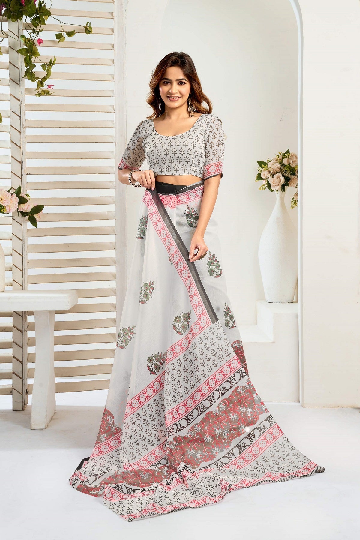 Ready to Wear White Printed Linen Saree for Party Occasions
