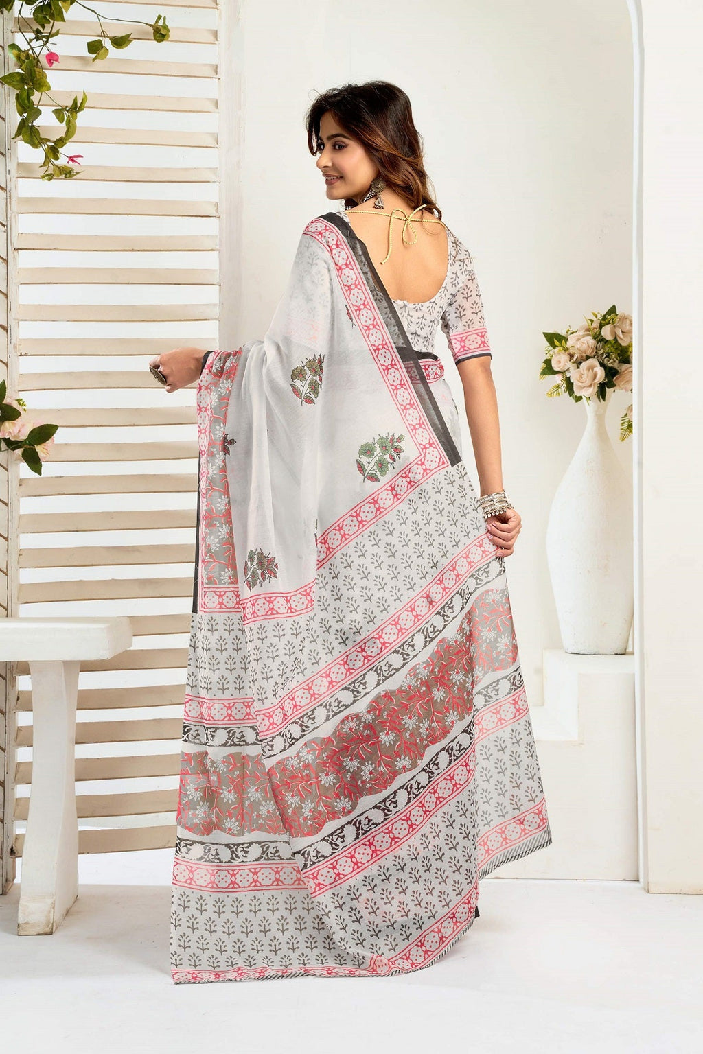 Ready to Wear White Printed Linen Saree for Party Occasions