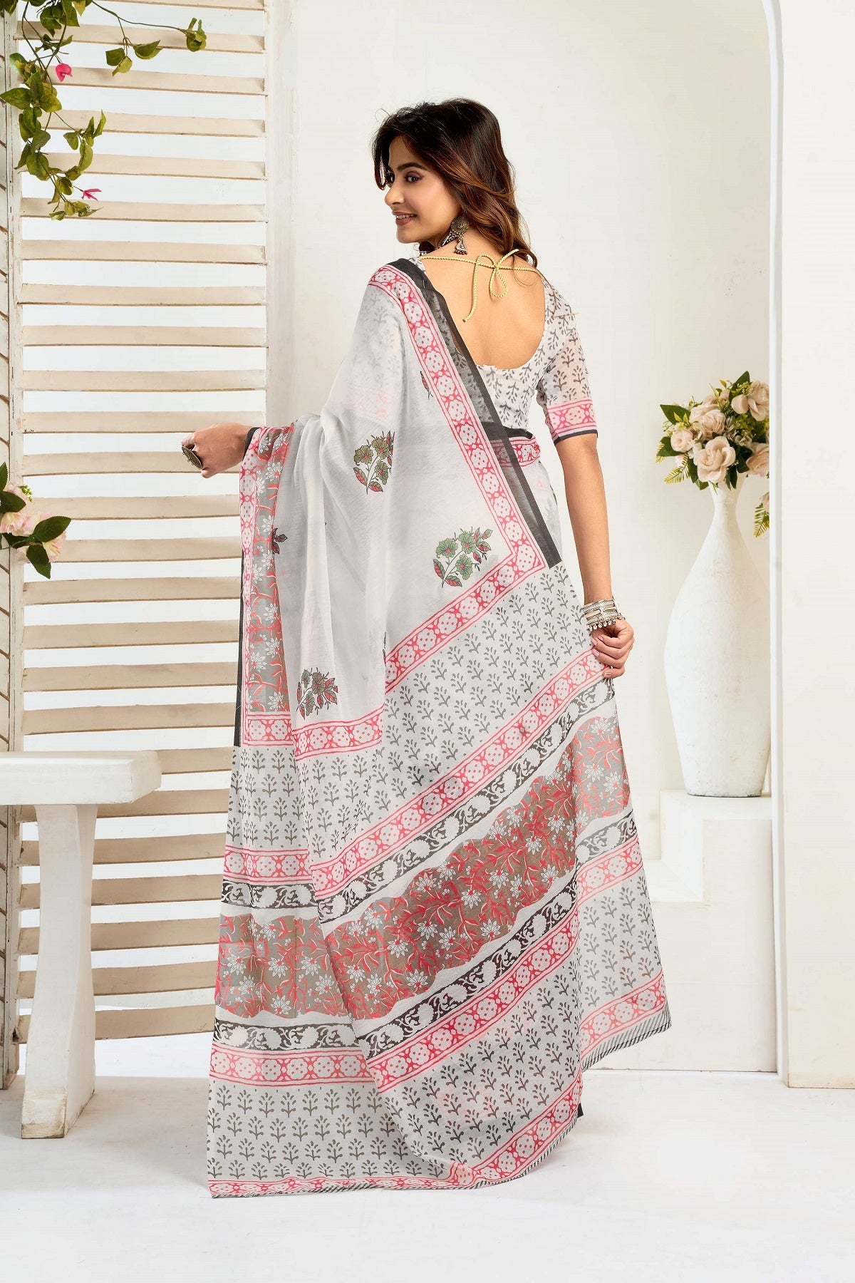 Ready to Wear White Printed Linen Saree for Party Occasions