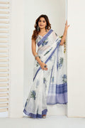 White Printed Linen Ready To Wear Saree With Blouse Piece