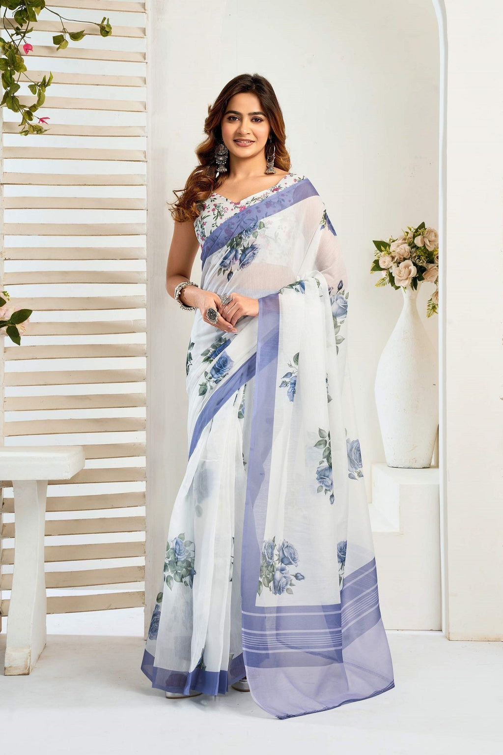 White printed linen ready-to-wear saree with matching unstitched blouse