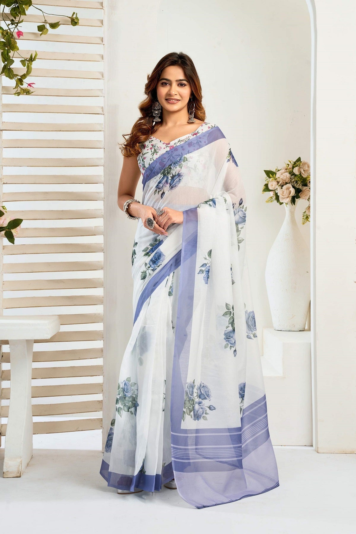 White printed linen ready-to-wear saree with matching unstitched blouse