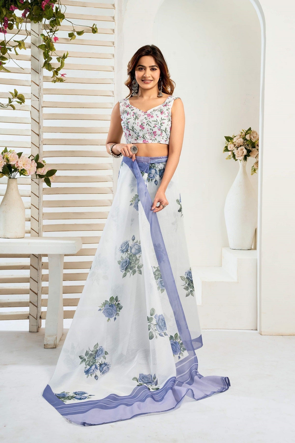 White Printed Linen Ready To Wear Saree With Blouse Piece