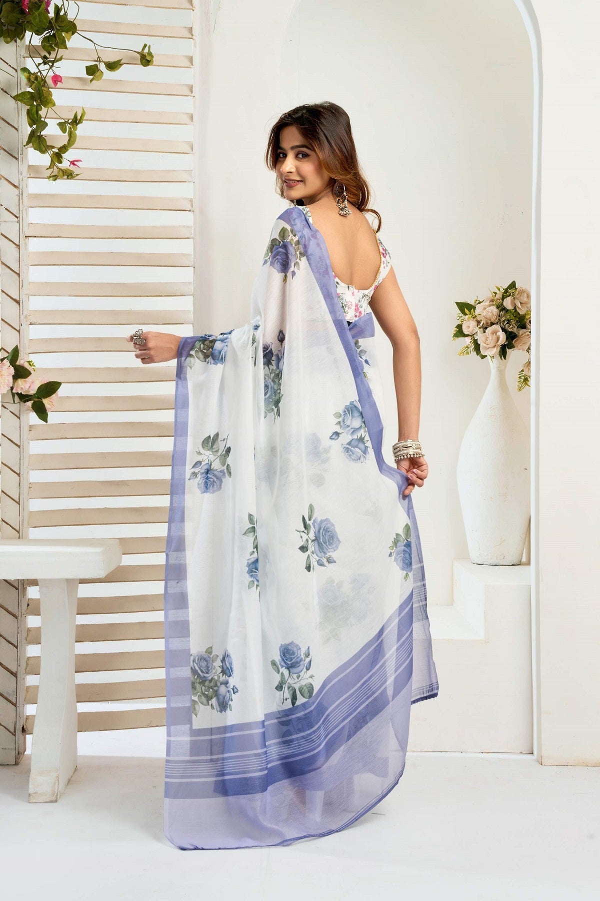 White Printed Linen Ready To Wear Saree With Blouse Piece