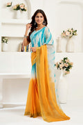 Yellow printed linen ready-to-wear saree featuring pre-pleated design