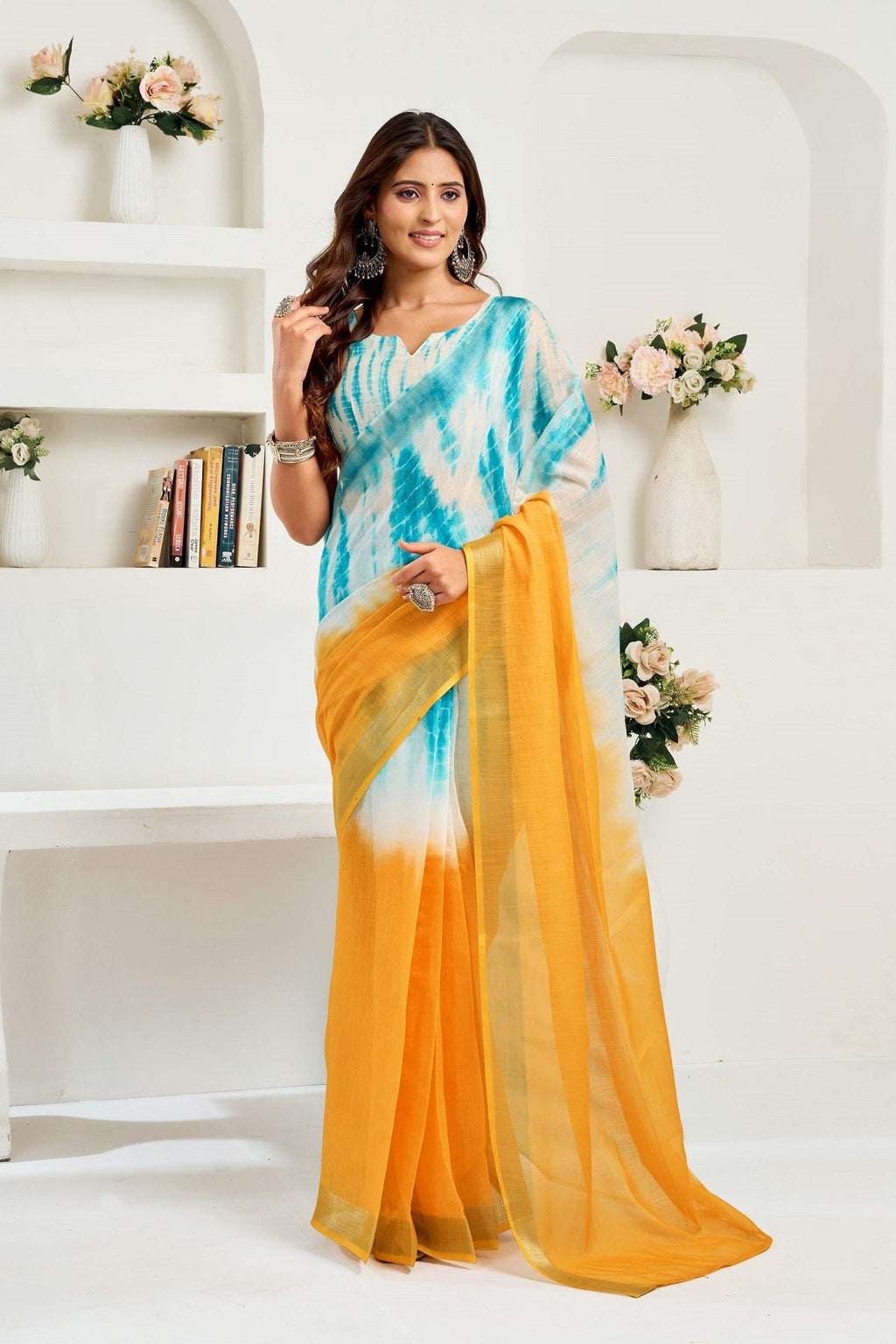 Yellow Printed Linen Ready to Wear Saree with Blouse Piece