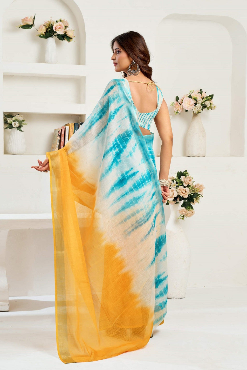 Yellow Printed Linen Ready to Wear Saree with Blouse Piece