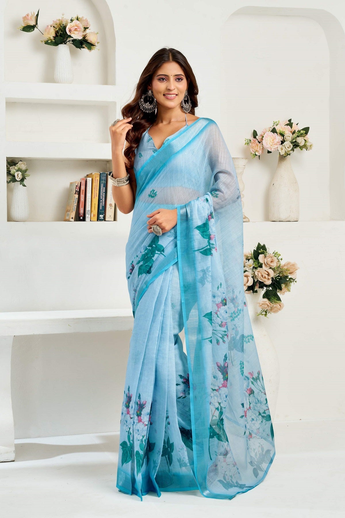 Powder Blue Printed Ready-to-Wear Linen Saree