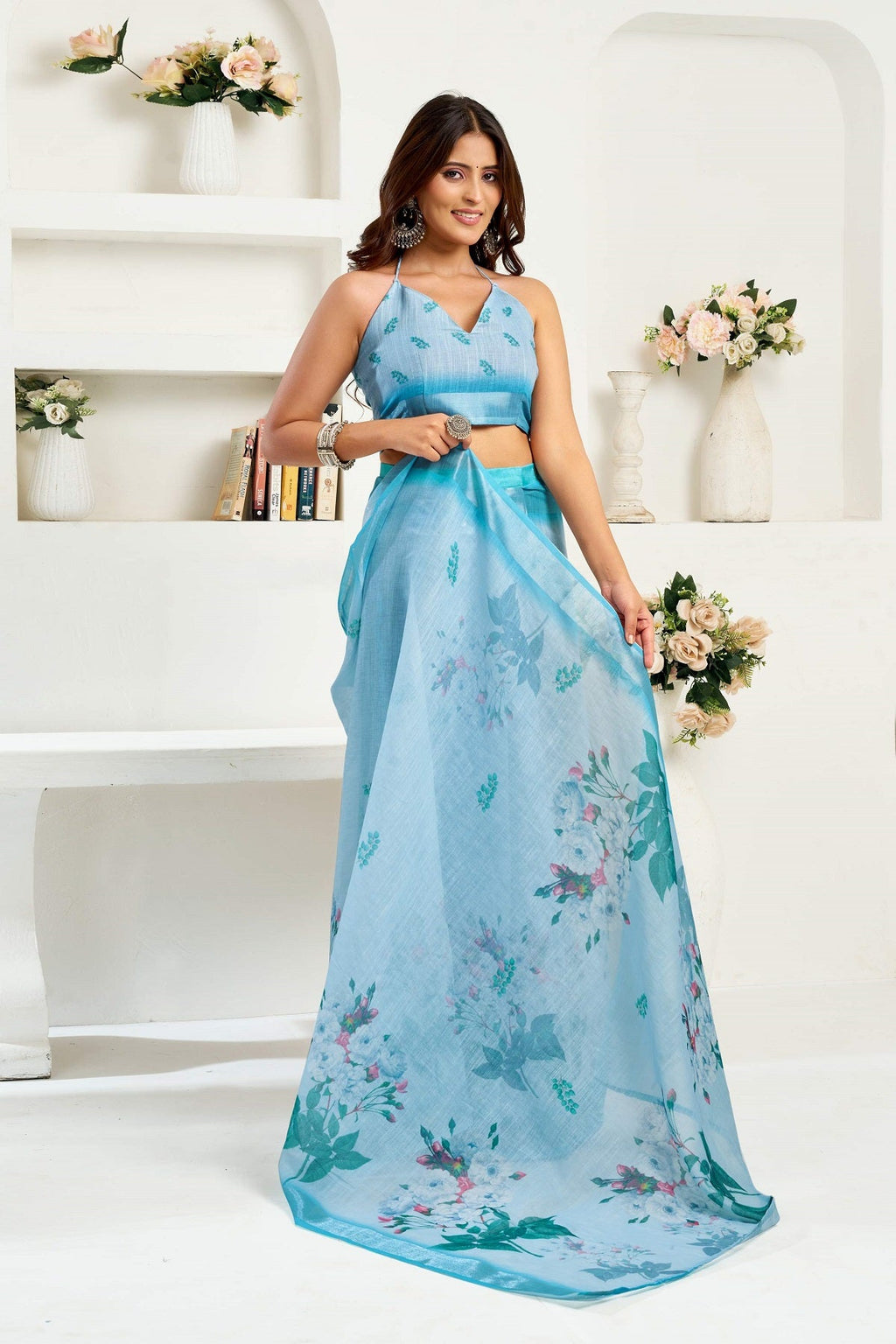 Powder Blue Printed Ready-to-Wear Linen Saree
