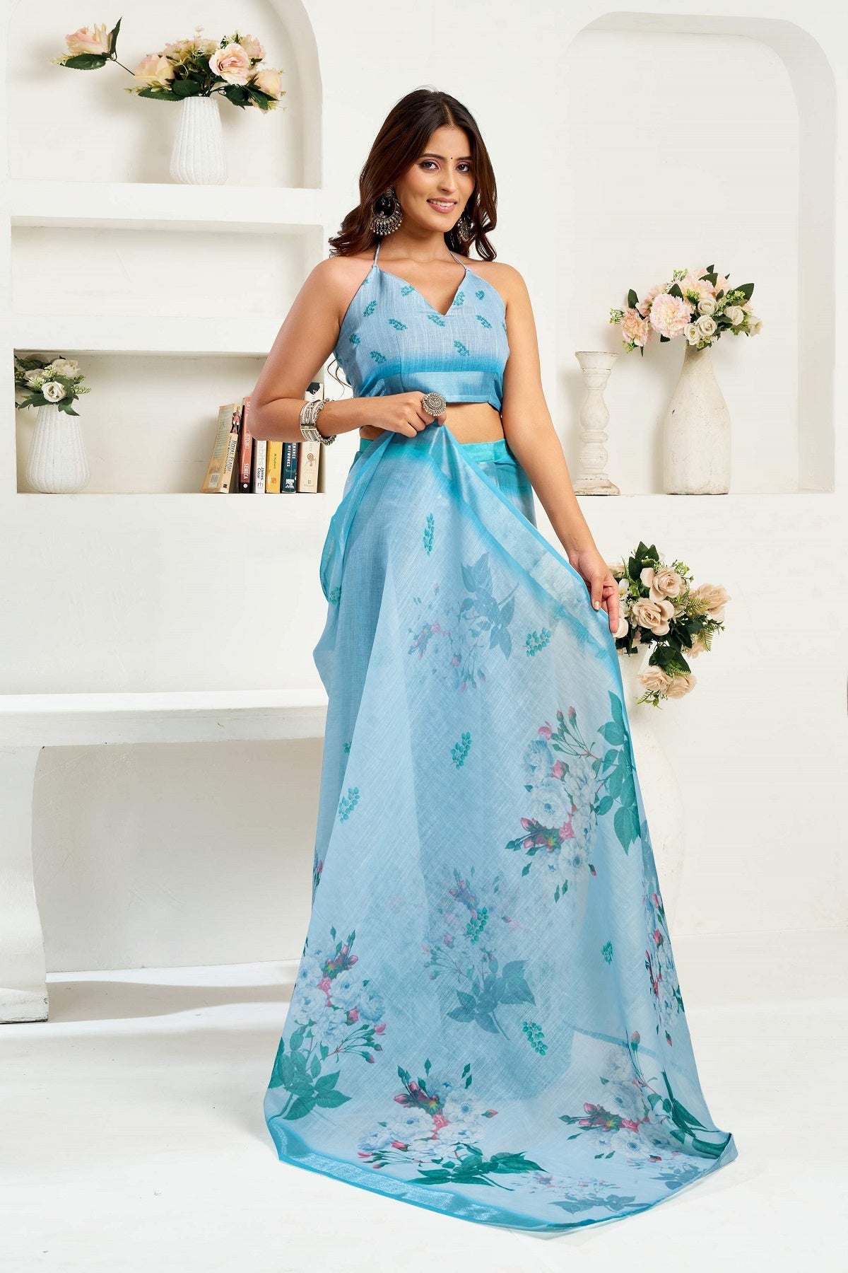 Powder Blue Printed Ready-to-Wear Linen Saree