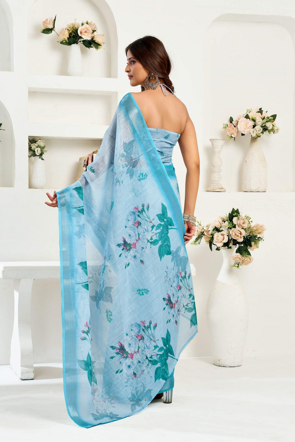 Powder Blue Printed Ready-to-Wear Linen Saree