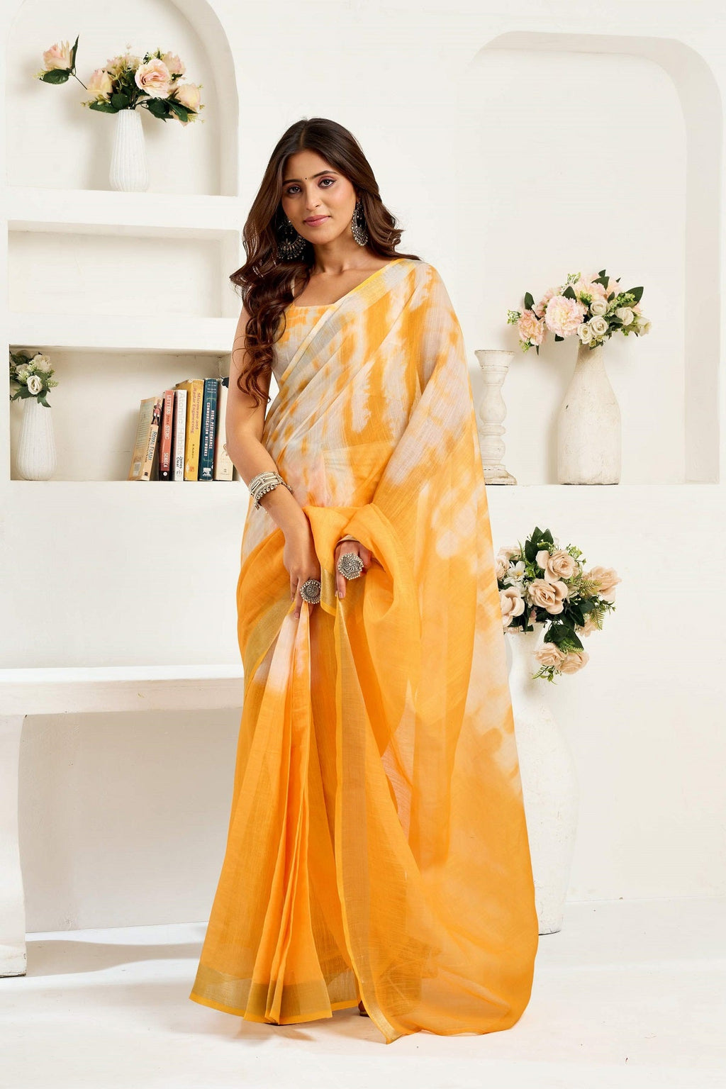 Yellow Printed Linen Ready-to-Wear Saree with Unstitched Blouse