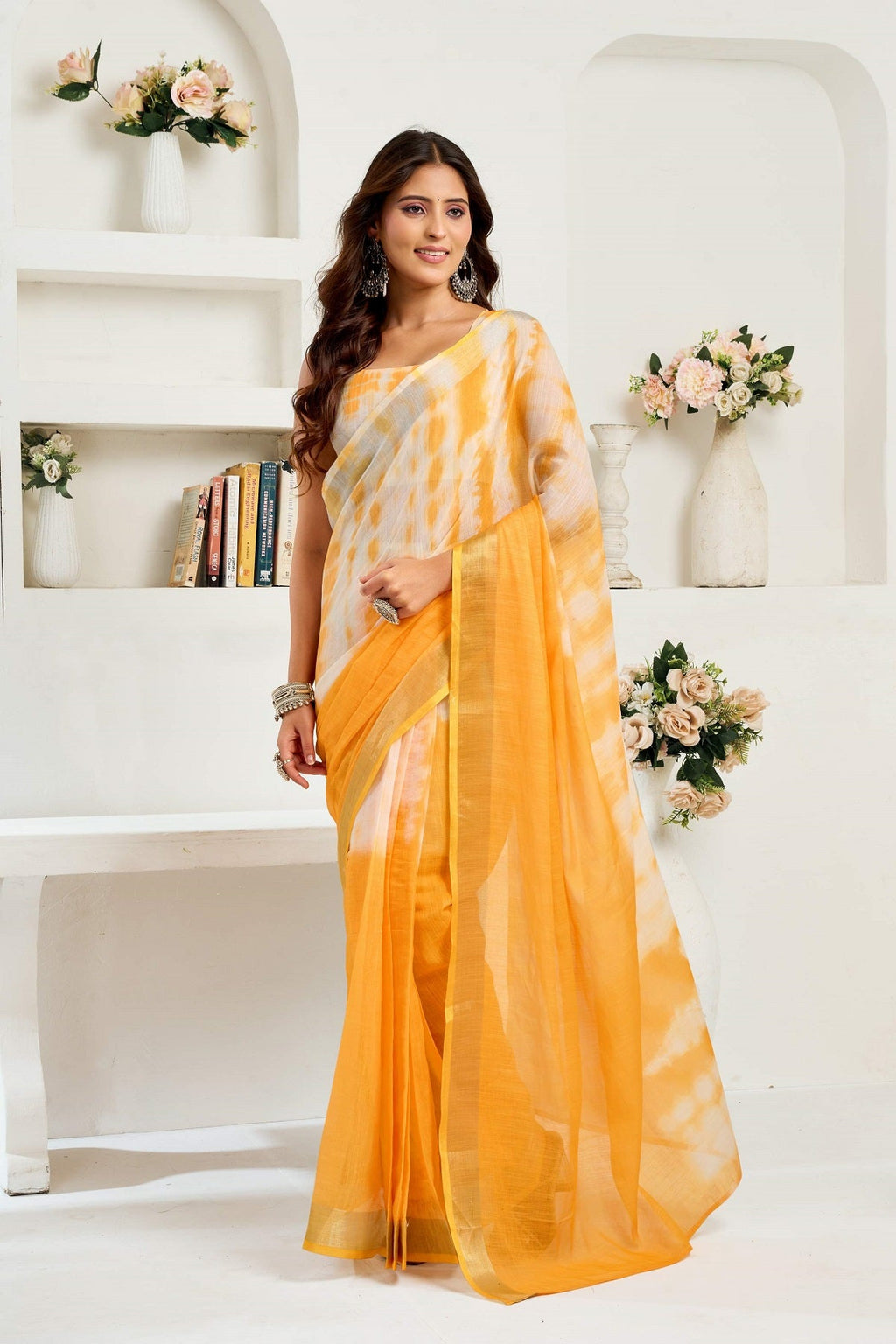 Yellow printed linen ready-to-wear saree with matching unstitched blouse piece