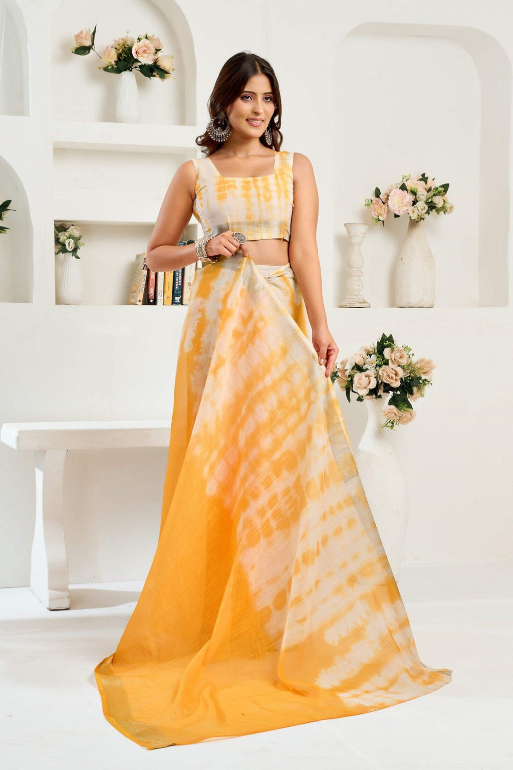 Yellow Printed Linen Ready-to-Wear Saree with Unstitched Blouse