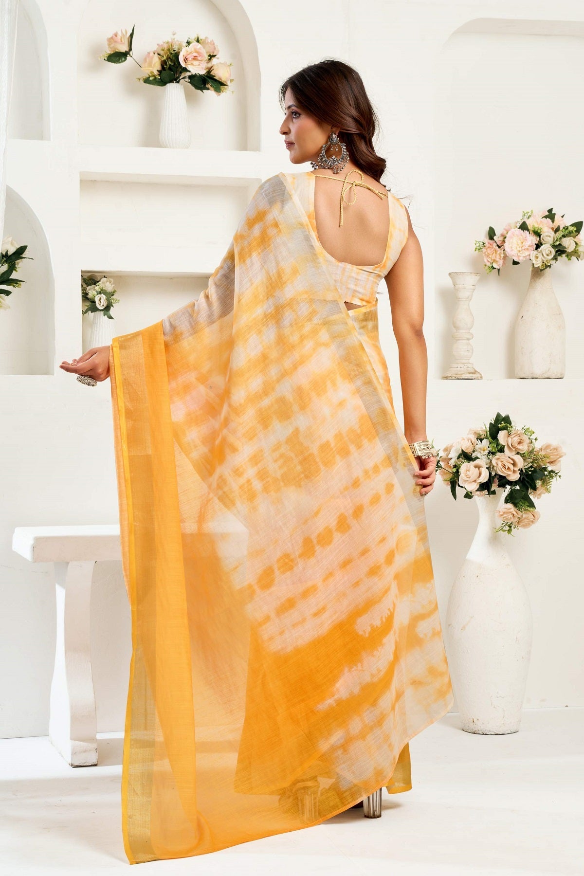 Yellow Printed Linen Ready-to-Wear Saree with Unstitched Blouse