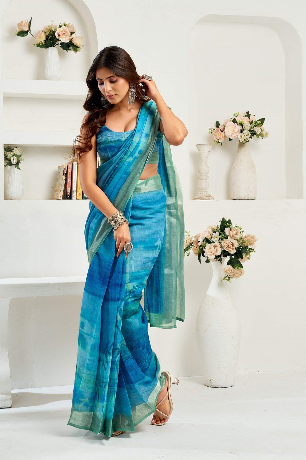 Blue Printed Linen Ready To Wear Saree with Unstitched Blouse