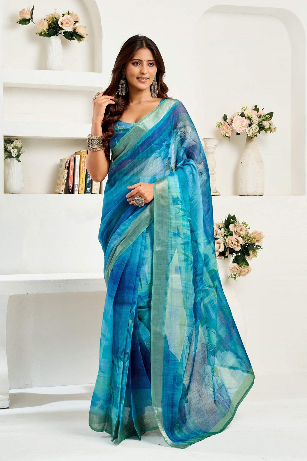 Blue printed linen ready-to-wear saree with unstitched blouse