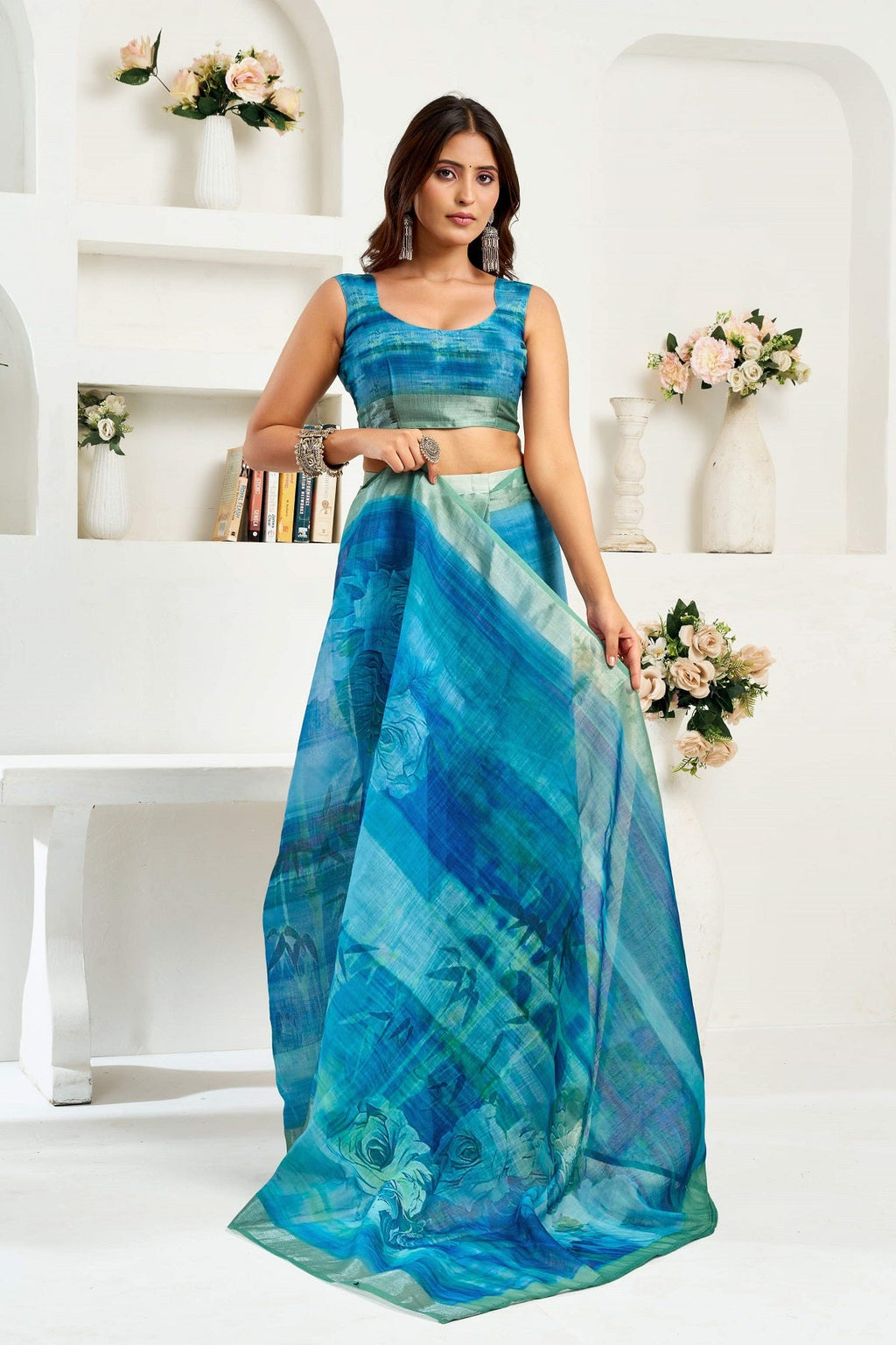 Blue Printed Linen Ready To Wear Saree with Unstitched Blouse
