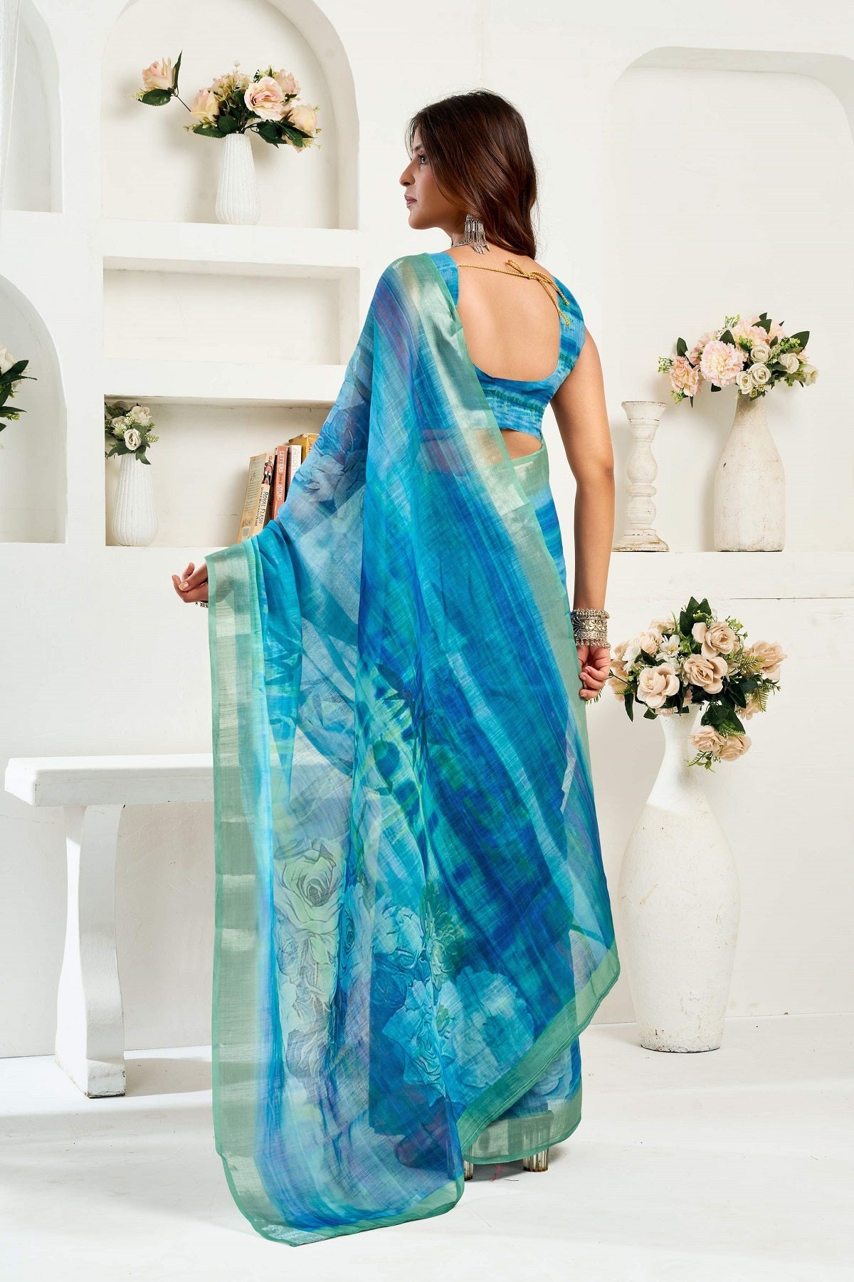 Blue Printed Linen Ready To Wear Saree with Unstitched Blouse