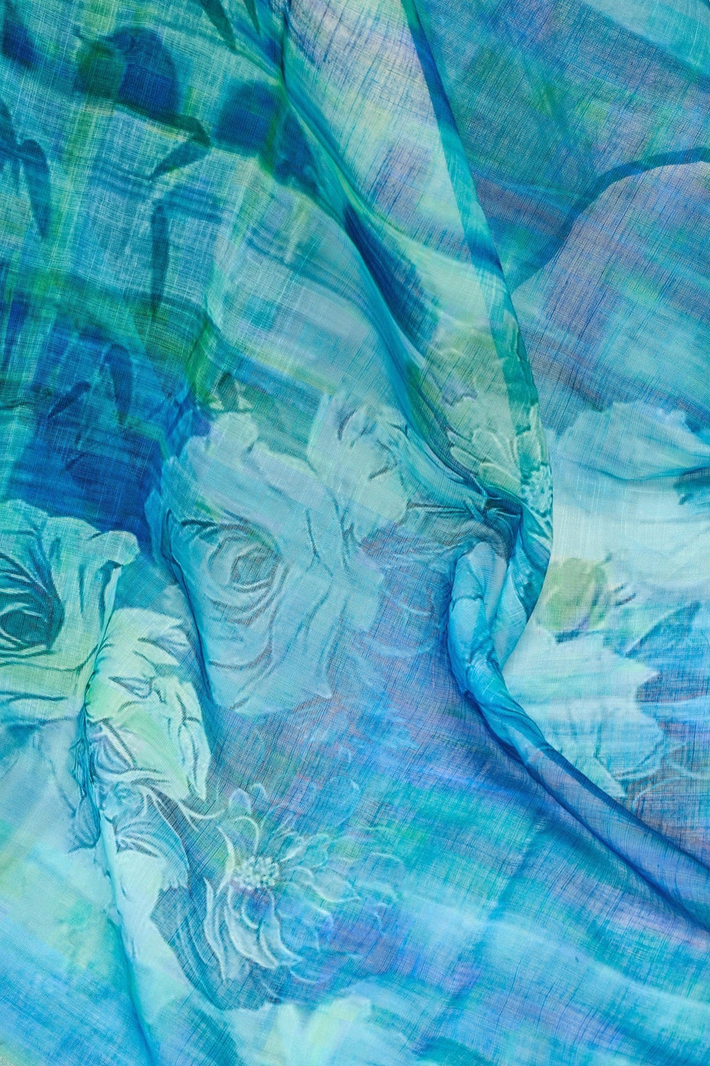 Blue Printed Linen Ready To Wear Saree with Unstitched Blouse