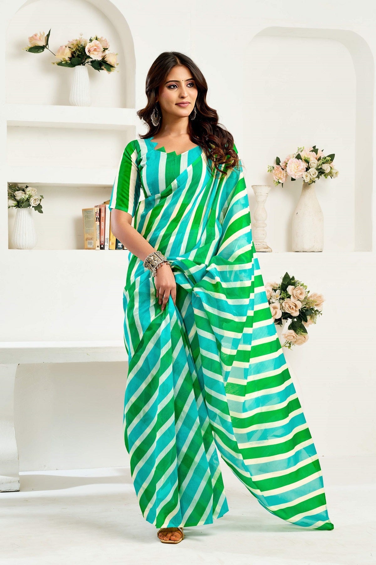 Multicolor printed ready to wear linen saree with unstitched blouse piece