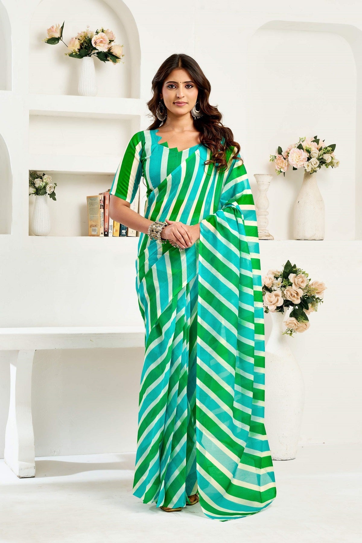 Multicolor Printed Ready to Wear Linen Saree with Blouse Piece